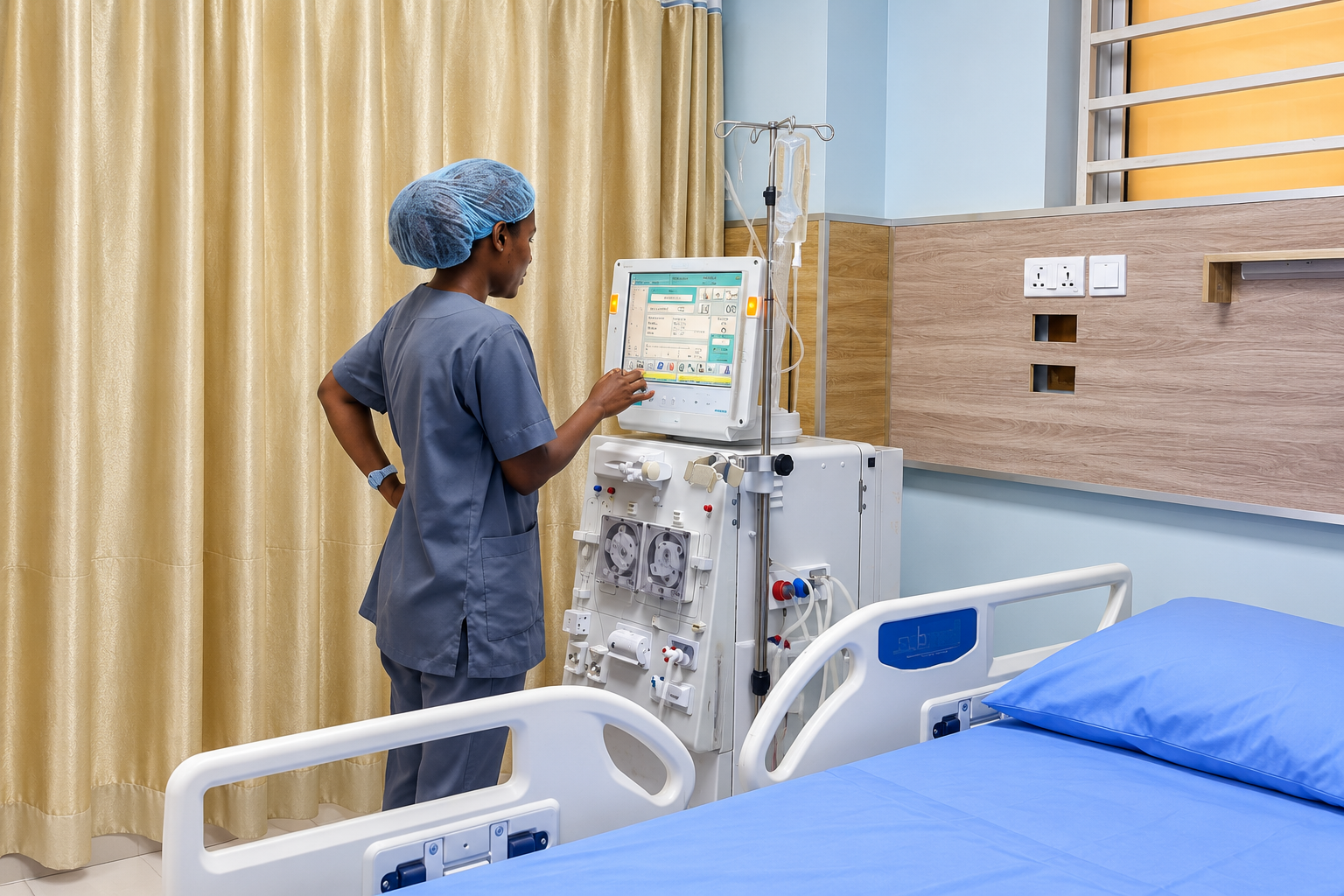 Dialysis nurse preparing a haemodialysis machine at TAC Care
