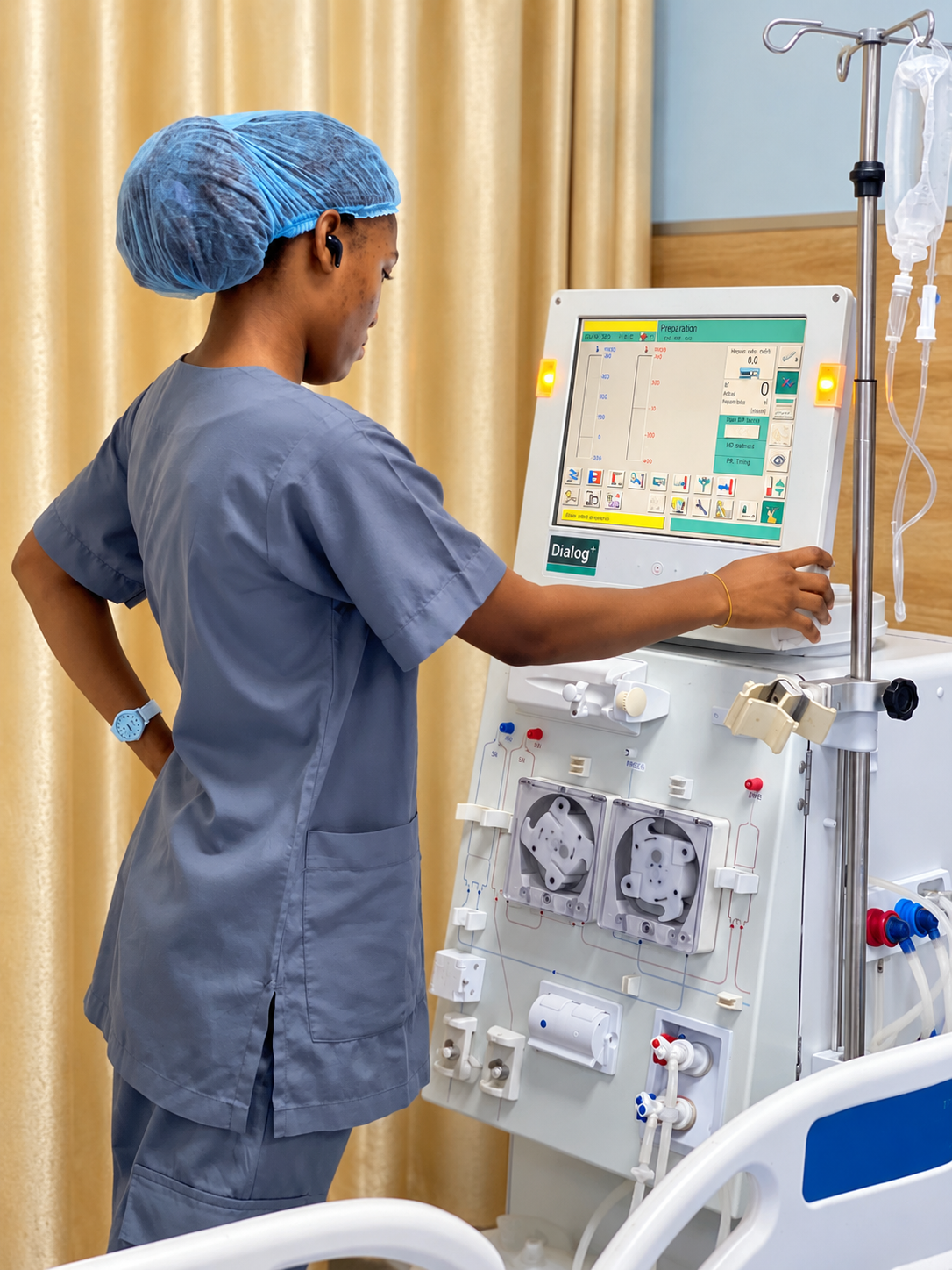 Dialysis nurse operating a haemodialysis machine at TAC Care